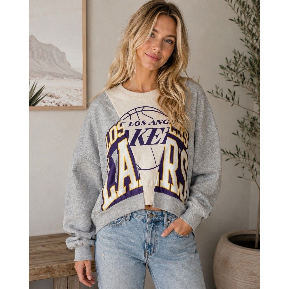 Ultra Game L.A. Lakers Crop Boxy Sweatshirt Gray Oversized Graphic Pullover XL‎